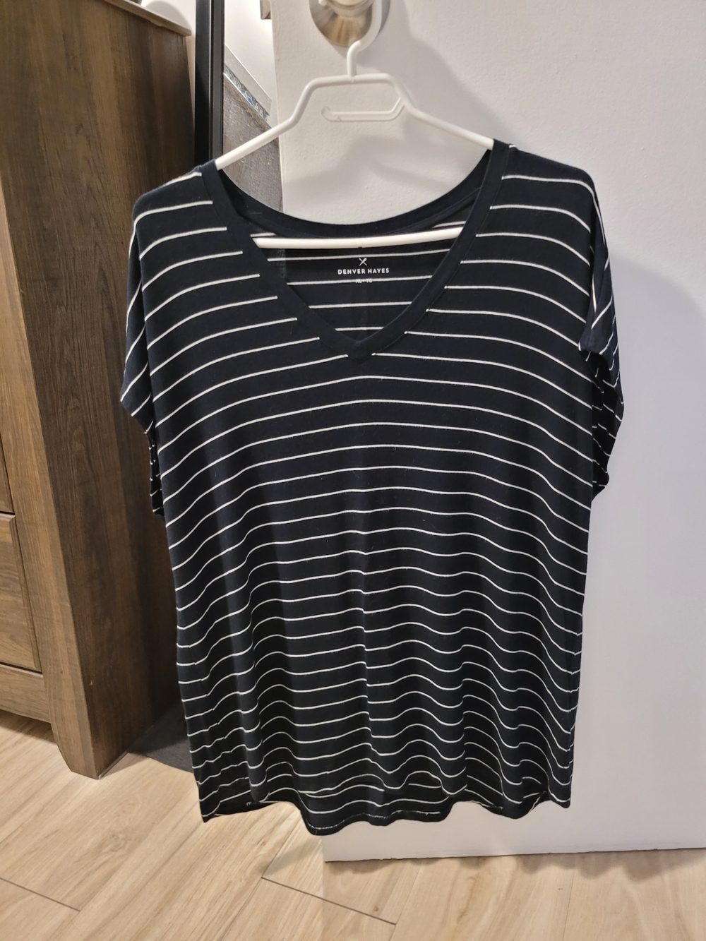 Denver Hayes Black and White Striped V-Neck Tee